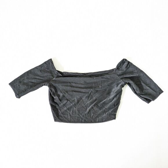 God Save Queens Layla XS Mesh Top Off Shoulder Cropped Ruched Sheer Black - Picture 4 of 10